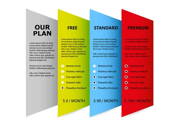 Nuestro Plan Producto y Servicios Concepto de Tres opciones y precios para su negocio y estrategia — Archivo Imágenes Vectoriales