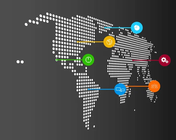 Mapa do mundo pontilhado com ponteiros de cores info gráfico - Vector — Vetor de Stock