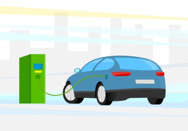 Vektör illüstrasyon. Şarj istasyonunda şarj elektrikli araba. Arka Planda Şehir Binası