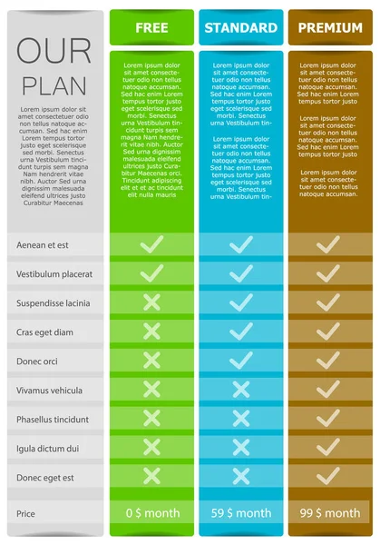 Nuestros productos y servicios ofrecen plantilla. Ilustración vectorial con plantilla de tres opciones con precios — Archivo Imágenes Vectoriales