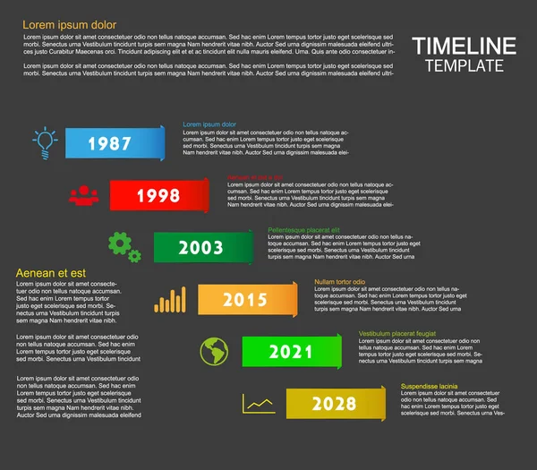 Modelo de infográfico de linha do tempo com seis passos de cor e ícones no fundo escuro — Vetor de Stock