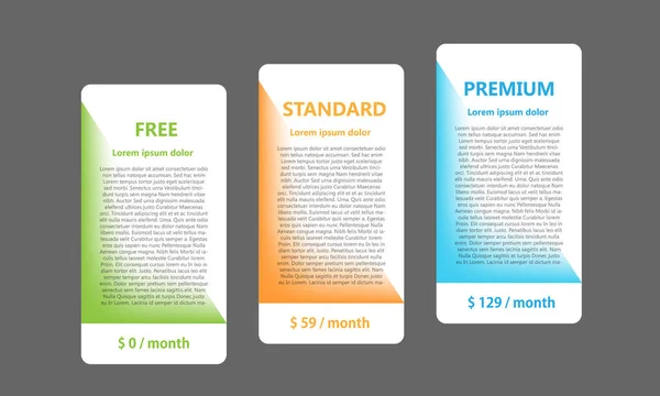 Layout de produtos e serviços com três planos de preços - Gráfico de vetores — Vetor de Stock