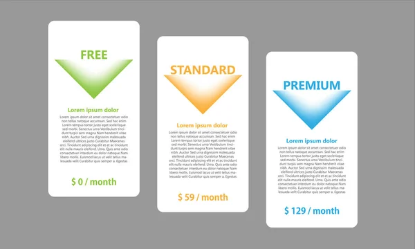 Présentation vectorielle, produits et services trois modèles de plan de prix — Image vectorielle