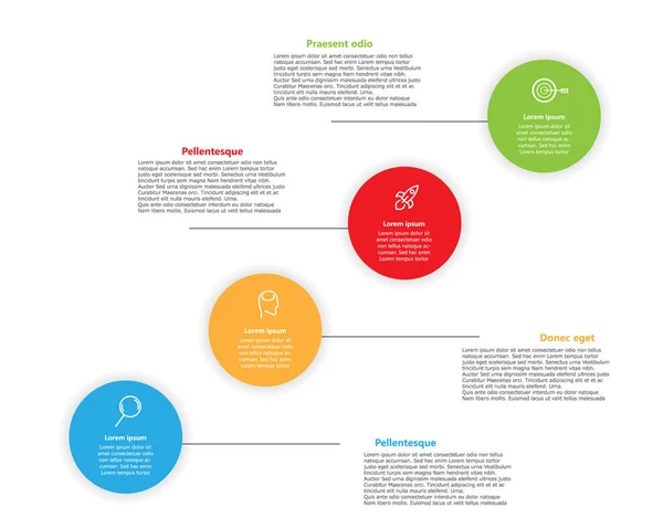 Infografica business con quattro icone cerchio di colori con posto per il testo. Modello di informazione. Vettore . — Vettoriale Stock