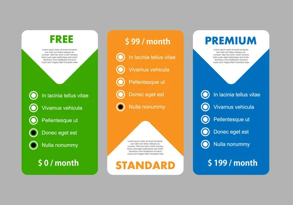 Предложение Трех Ценовых Категорий Продуктов Услуг Векторные Иллюстрационные Карты Вектор — стоковый вектор