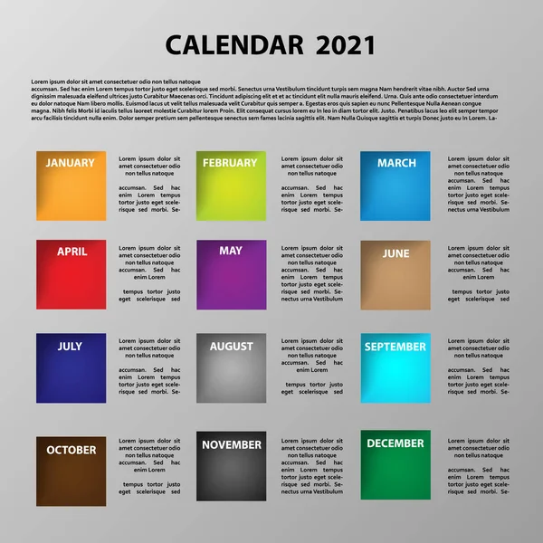 Calendario 2021 Grafica Vettoriale Con Icone Colori Con Nome Mese — Vettoriale Stock