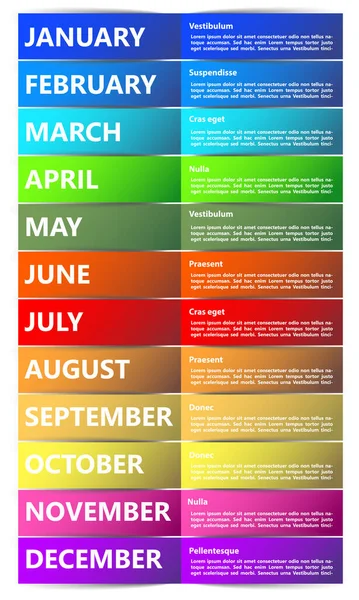 Calendario Con Nomi Del Mese Strisce Colorate Con Ombra Sfondo — Vettoriale Stock