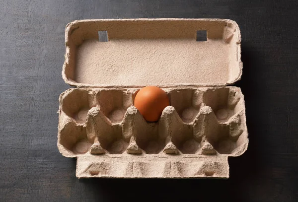 Single egg in a egg carton on black wood background