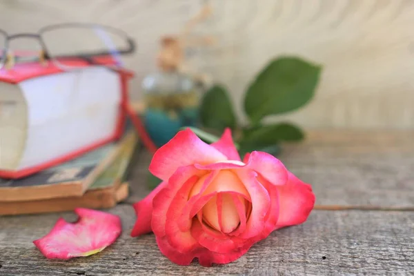 Pink rose and book background on a wooden table