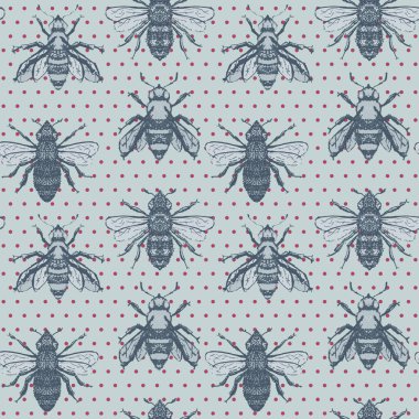 Vector Honey Bees with Polka Dots seamless pattern background. clipart
