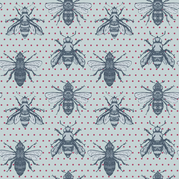 Vector Honey Bees with Polka Dots seamless pattern background.