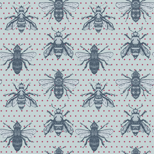 Vector Honey Bees with Polka Dots seamless pattern background.