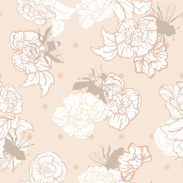 Vecteur abeilles à la crème avec des roses sur des points fond de motif sans couture . — Image vectorielle