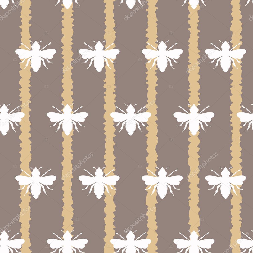Vector White Honey Bees on Loose Stripes seamless pattern background.