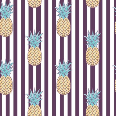 Mor ve beyaz Stripes Dikişsiz desen tasarımı üzerinde vektör Pineapples.