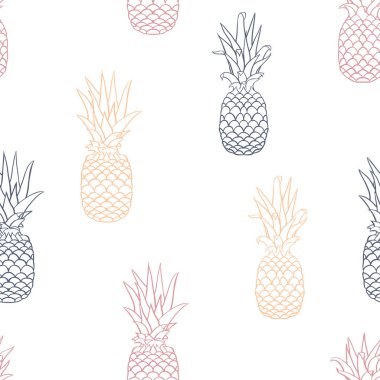 Vektör Retro Ananas Lineart Beyaz dikişsiz desen arka plan.