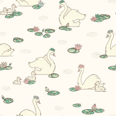 Su lilyum Dikişsiz desen arka plan ile vektör Vintage Swan Pond.