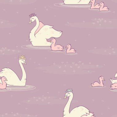 Lila dikişsiz desen arka plan üzerinde Lemna ile Vektör Kuğu Pond.