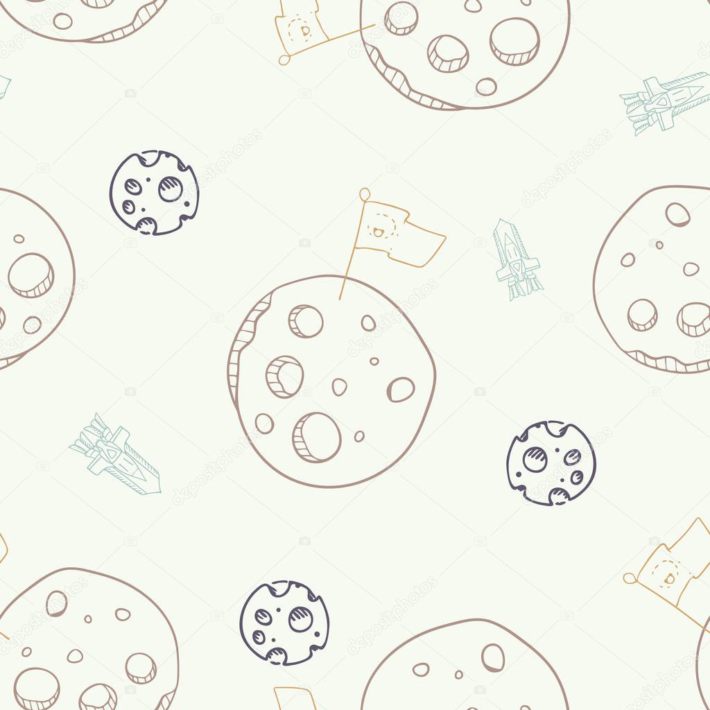 Vector Moon Conquest with Landing Rocket seamless pattern background.