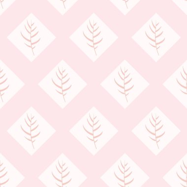 Beyaz Rhombus dikişsiz desen arka plan Vektör Pembe Palmiye Yaprakları.