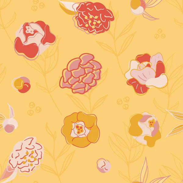 Fleurs pivoine abstraites vectorielles sur fond jaune fond de motif sans couture. — Image vectorielle