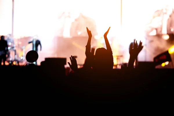 Bailarina Sobre Hombros Multitud Festival Música Manos Levantadas —  Fotos de Stock