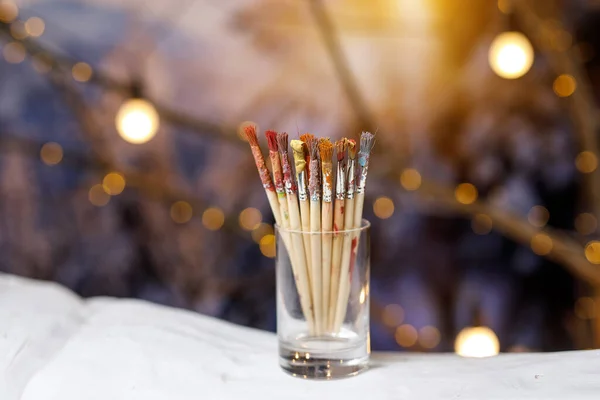 Pinsel Einem Glasgefäß Mit Farbresten — Stockfoto