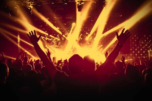 Müzik konserinde elini kaldırmış bir adamın silueti..