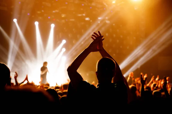 Fan Concert His Favorite Musical Group Raised Hands — Stock Photo, Image