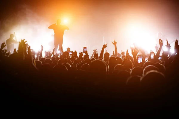 Rockkonsert Ledare Scenen Silhuett Publiken Framför Scenen — Stockfoto