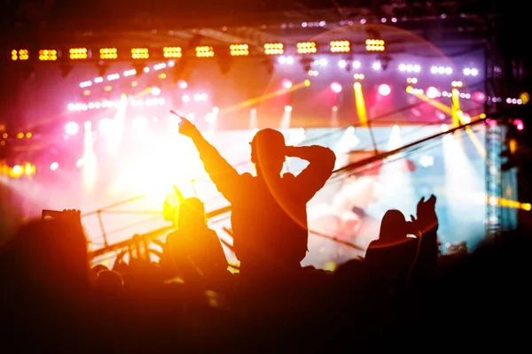 Müzik festivali ya da konserden hoşlanan bir kız. Kalabalığın siyah silueti