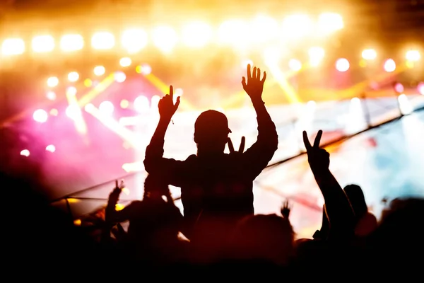 Girl Enjoying Music Festival Concert Black Silhouette Crowd — Stock Photo, Image