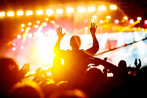 Girl Enjoying Music Festival Concert Black Silhouette Crowd — Stock Photo, Image