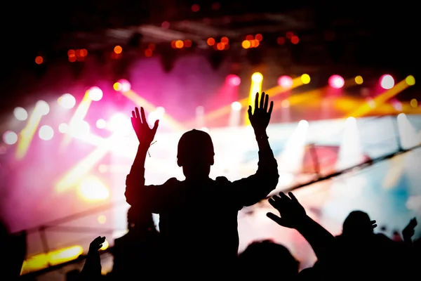 Menina Desfrutando Festival Música Concerto Silhueta Preta Multidão — Fotografia de Stock