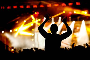 Konserde ellerini kaldırmış bir adamın silueti. Müzik programındaki kalabalık.