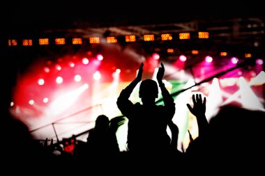 Müzik fanatiği, sahnede ünlü bir sanatçının gece performansından zevk alıyor..