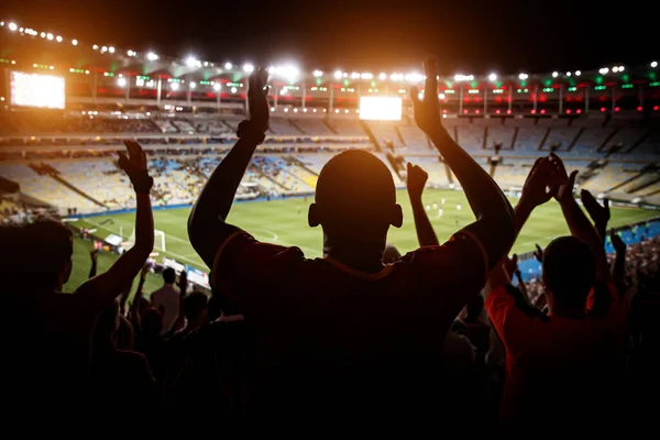 Kibice Wspierają Drużynę Zatłoczonym Stadionie Piłkarskim — Zdjęcie stockowe