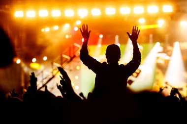 Konserde ellerini kaldırmış bir adamın silueti. Müzik programındaki kalabalık.
