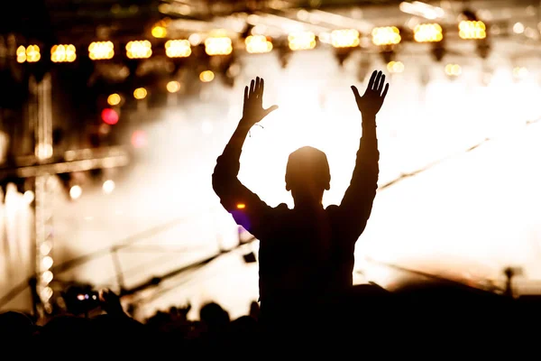 Silhouette of man with raised hands on concert. Crowd on music show