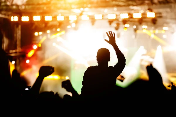 Menschensilhouette Mit Erhobenen Händen Beim Konzert Andrang Bei Musikshow — Stockfoto