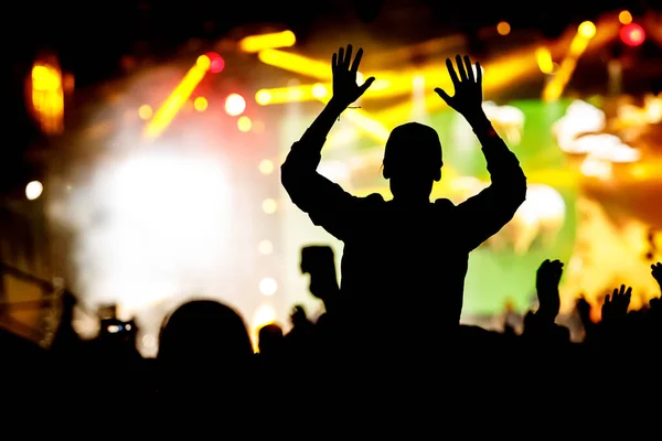 Menschensilhouette Mit Erhobenen Händen Beim Konzert Andrang Bei Musikshow — Stockfoto
