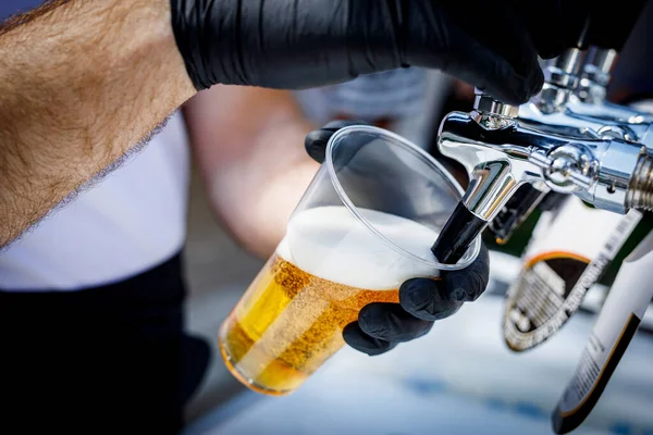 Siyah eldivenli barmen tek kullanımlık plastik bardağa bira döker..