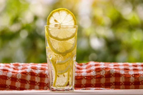日当たりの良い庭の背景にレモンとレモネードのガラス — ストック写真