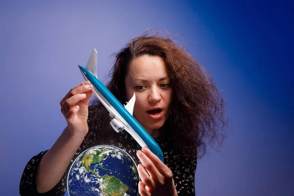 Girl Airplane Model Her Arms Earth Globe Concept Airline Help Stock Picture