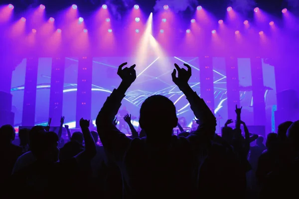 Man Raised Hands Enjoys Music Show Happy Crowd Concert — Stock Photo, Image
