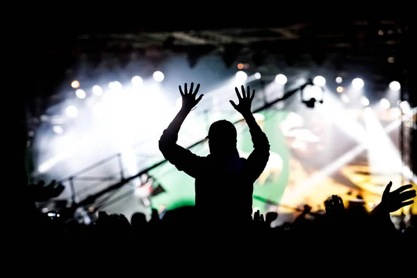 Silhouette Des Publikumskonzerts Musikfans Auf Der Bühne — Stockfoto