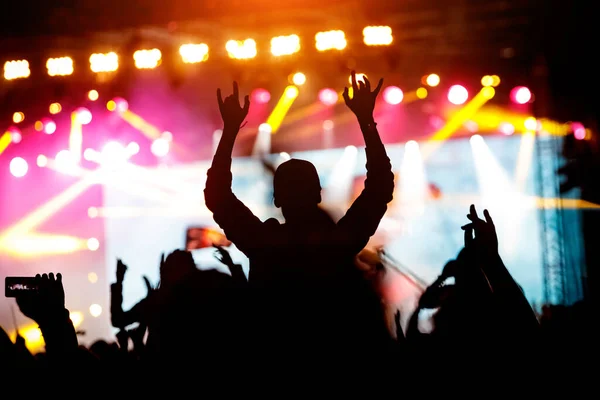 Chica Disfrutando Festival Música Concierto Silueta Negra Multitud — Foto de Stock