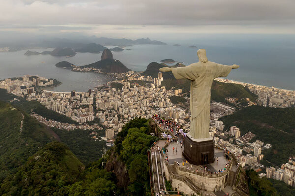 Rio de Janeiro, Brazil - 21.11.2019: Aerial view of Rio de Janeiro with Christ Redeemer statue.
