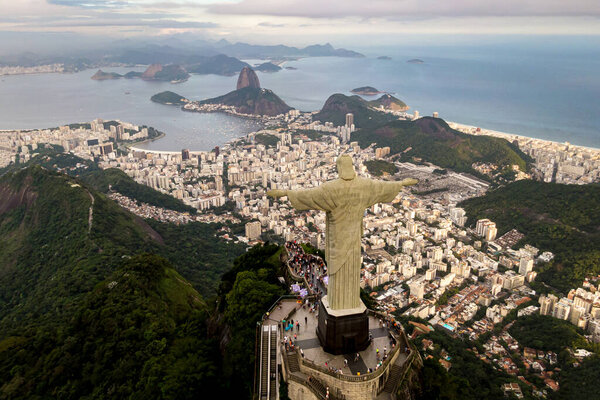 Rio de Janeiro, Brazil - 21.11.2019: Aerial view of Rio de Janeiro with Christ Redeemer statue.