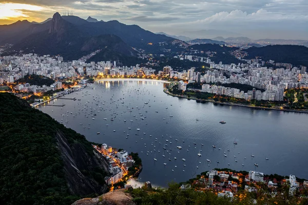 Vista Panorâmica Paisagem Rio Janeiro Brasil Corcovado Moutain Sunset — Fotografia de Stock